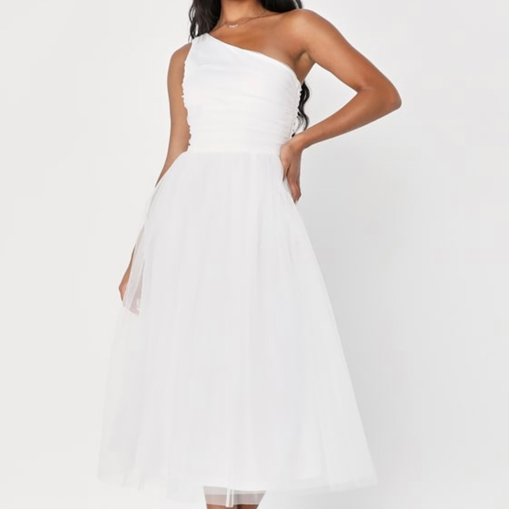 Lulus White Tulle One Shoulder Midi Dress